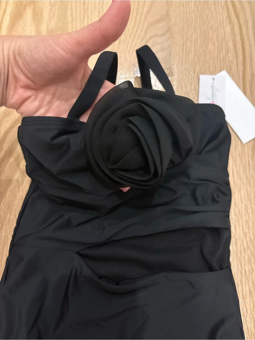 Girls Black One-Piece Swim Bodysuit with Rosette Accent